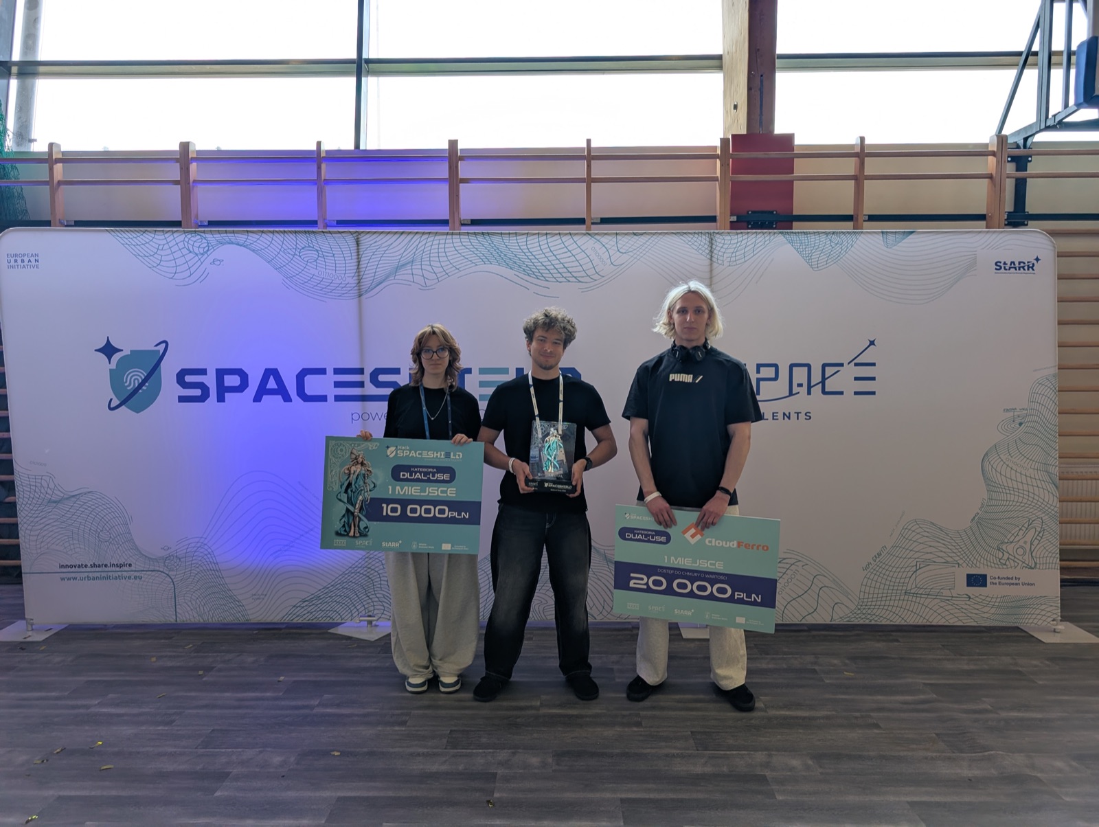 Team 404 with the SpaceShield Hack Dual-Use winner trophy and award boards